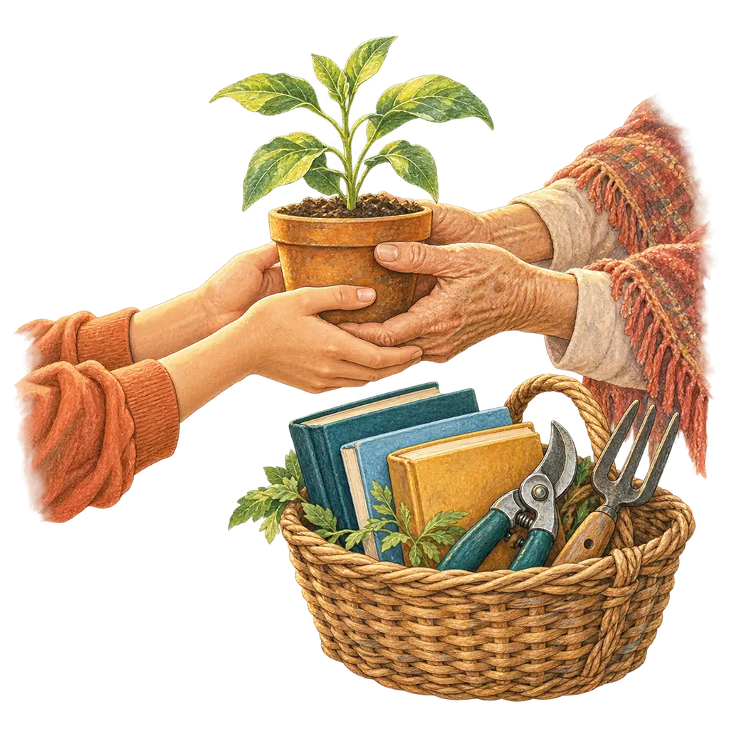 Two pairs of hands, one young and one old, passing a seedling in a small clay pot, beside a basket of books and tools.