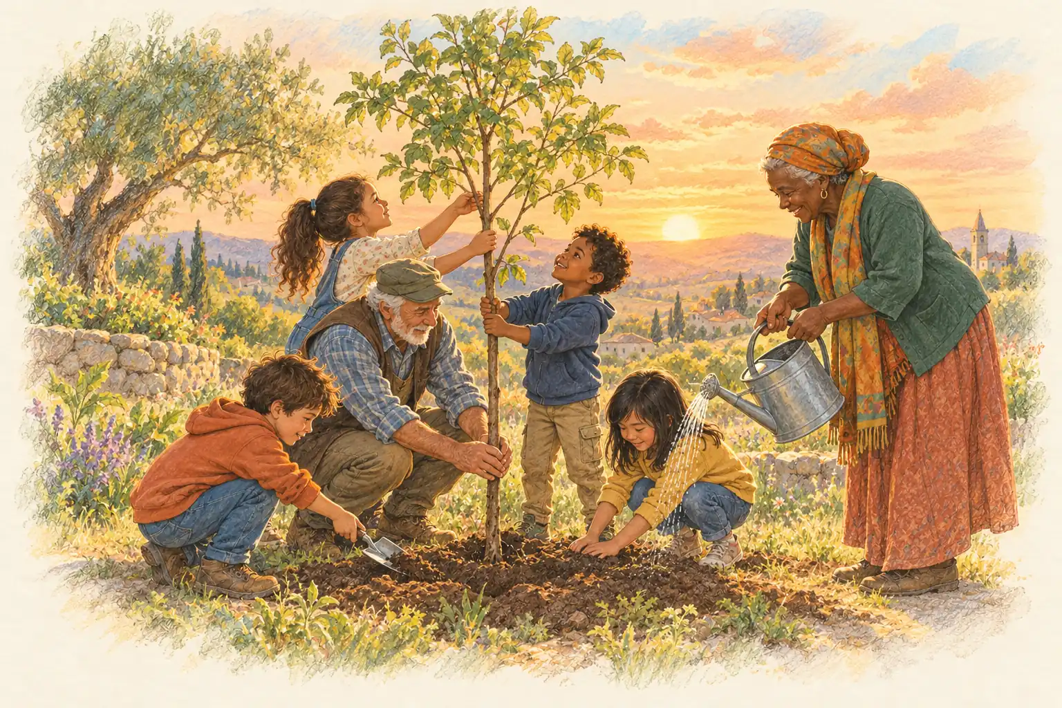 Children and elders planting a young tree together at sunset.