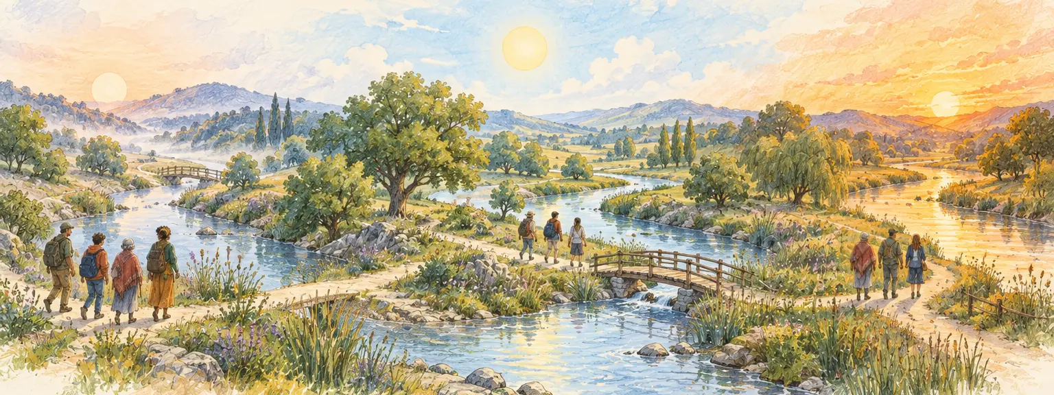 A river winding through a landscape under three suns, dawn, midday and evening, with tiny figures walking along it.
