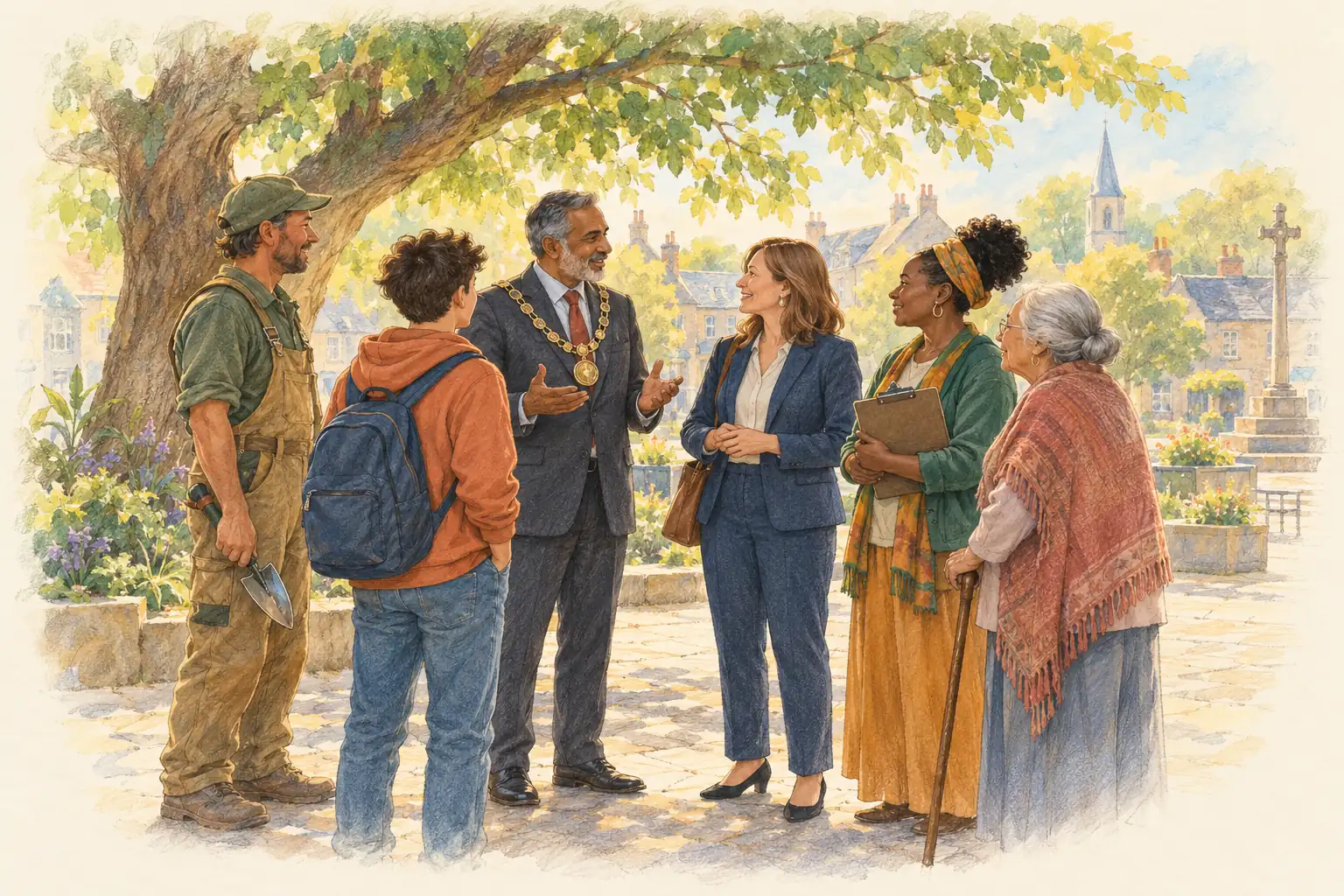 Six people in a circle under a large tree in a town square, a mayor, a businesswoman, a community organiser, a gardener, a teenager and an elder, listening to each other.